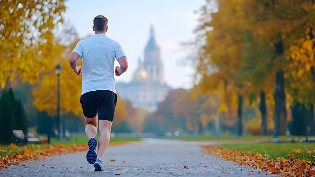 Löpare springer på allé med höstlöv och kyrktorn i bakgrunden